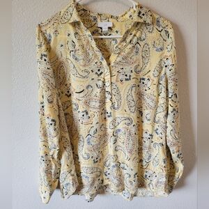 J. Jill Sunny Yellow Paisley Button Down Cotton Blend Long Sleeve Shirt, Small